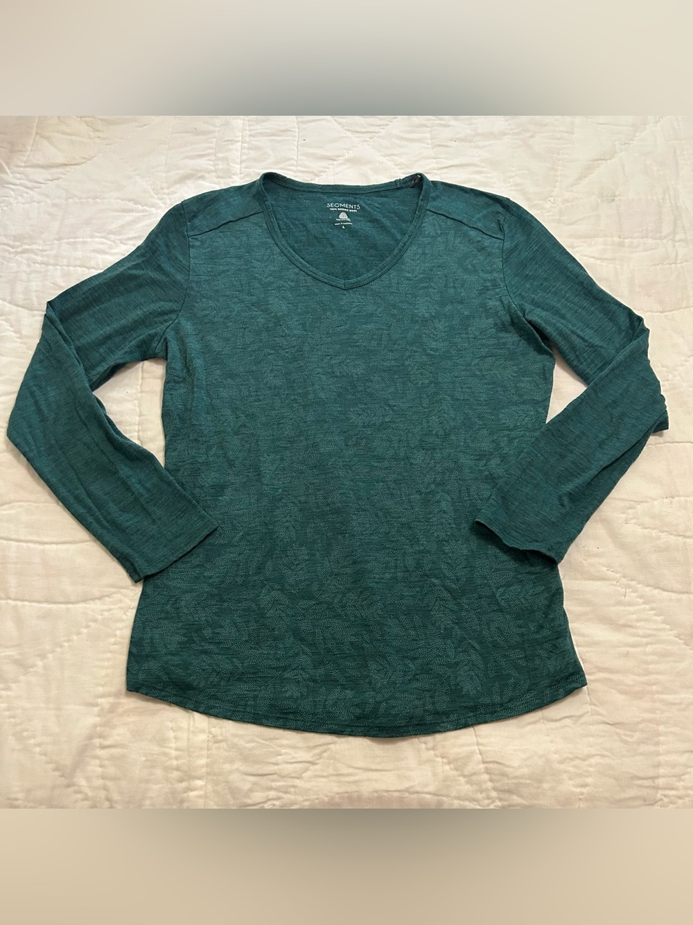 Seg’ments merino wool long sleeve t shirt tee v neck leaf print teal size L